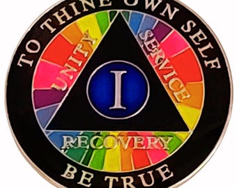 New AA Rainbow Recovery Medallion (Years 1-30) - 12 Step Gift - Sobriety Milestone Unity Service Alcoholics Anonymous -LGBT  colors