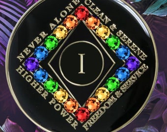 NA Black Clean Time Yearly Medallion Rainbow Transition Crystals (Yrs 1-40) Recovery Narcotics Anonymous Milestone Chip Transition lgbt