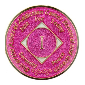 NA Pink Glitter Medallion  (Yrs 1-45) Recovery Narcotics Anonymous Milestone Chip lgbt 12 Step NA Gifts