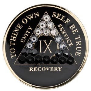 AA Medallion Black with Black Transition Bling Crystals (Yrs 1-65) Bling Alcoholics Anonymous Crystal Recovery Chip  12 Step Gift