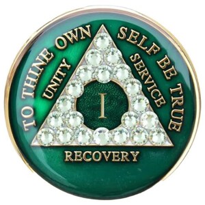 AA Medallion Green with AB Pink Bling Crystals (Yrs 1-65) Bling Alcoholics Anonymous Crystal Recovery Chip  12 Step Gift
