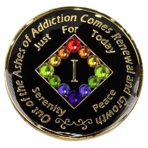 NA Black Bling Medallion w Rainbow Transition Crystals (Yrs 1-45) Recovery Narcotics Anonymous Milestone Chip Transition lgbt