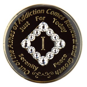 NA Black Bling Medallion w WhiteCrystals (Yrs 1-45) Recovery Narcotics Anonymous Milestone Chip - Gorgeous NA 12 Step Coin Gift!