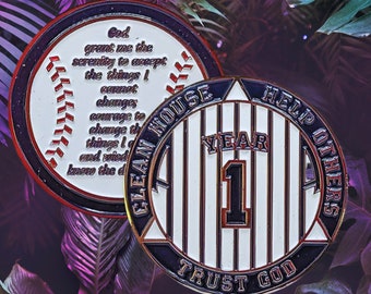 Pinstripe Baseball Yearly (1-50) Alcoholics Anonymous AA Recovery Medallion - AA Chips Sober Tokens  12 Step Coins & 12 Step Gifts Sports
