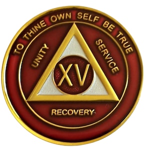 Serenity Prayer Freedom AA Anniversary Red with Pearl Sparkle on a Gold Coin 1-60 years - 12 Step Gift Sobriety Milestone Sober Gifts Tokens