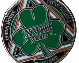 Green Shamrock Recovery Medallion in years 1-50 Serenity Prayer in Gaelic Alcoholics / Narcotics Anonymous! - Unique Recovery Medallions