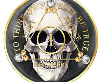 AA Skull Medallion: Gold-Plated Anniversary Coin, Sober Gift with diamond & Gold crystals