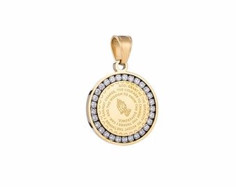 18k Gold Filled Serenity Prayer Coin Pendant Necklace - Cubic Zirconia