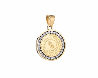 18k Gold Filled Serenity Prayer Stainless Steel Charm Necklace- Lord grant me Coin Medallion Pendant with Cubic Zirconia 12 Step Gifts