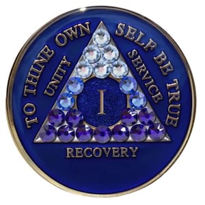 AA Medallion Blue with Blue Transition Bling Crystals (Yrs 1-65) Bling Alcoholics Anonymous Crystal Recovery Chip  12 Step Gift