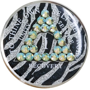 New! Alcoholics Anonymous AA Zebra Crystal Peridot Tri-Plate Anniversary Recovery Medallion - 12 Step Gifts - Sober Birthday Anniversary