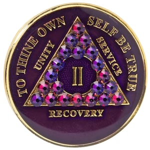 AA Purple w Volcano Triangle Bling (Yrs 1-50) Bling Crystals (Yrs 1-60) Bling Alcoholics Anonymous Crystal Recovery Chip  12 Step Gift