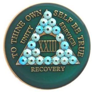 AA Medallion Green with Peridot Bling Crystals (Yrs 1-65) Bling Alcoholics Anonymous Crystal Recovery Chip  12 Step Gift