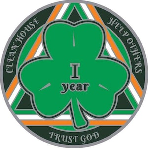 Green Shamrock Recovery Medallion in years 1-50 Serenity Prayer in Gaelic Alcoholics / Narcotics Anonymous! - Unique Recovery Medallions