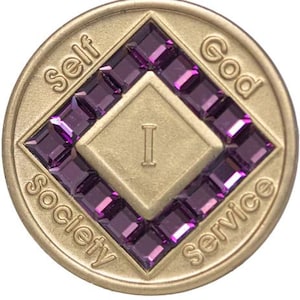 NA Purle Square Crystals on Bronze Yearly Medallion Yrs 1-45 Recovery Narcotics Anonymous Milestone Chip  NA Clean Time Coins