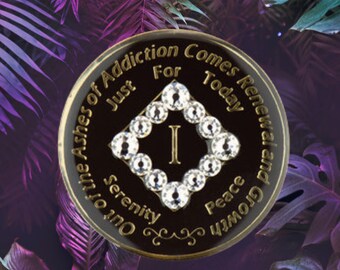 NA Black Bling Medallion w WhiteCrystals (Yrs 1-45) Recovery Narcotics Anonymous Milestone Chip - Gorgeous NA 12 Step Coin Gift!