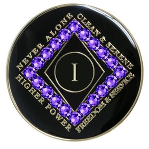 NA Black Clean Time Yearly Medallion Purple Velvet Crystals (Yrs 1-40) Recovery Narcotics Anonymous Milestone Chip