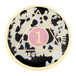 NEW! Cow Print Serenity Prayer AA Yearly Recovery Medallion Anniversary 12 Step Coins and AA Unique Recovery Chips 1-20 years