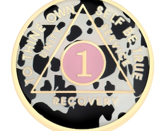 NEW! Cow Print Serenity Prayer AA Yearly Recovery Medallion Anniversary 12 Step Coins and AA Unique Recovery Chips 1-20 years