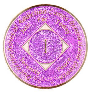 NA Purple Glitter Medallion (Yrs 1-40) Recovery Narcotics Anonymous Milestone Chip - NA Tokens - 12 Step NA Gifts  Clean Time Coins
