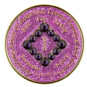 NA Glitter Lavender Coin w Purple Bling Crystals (Yrs 1-45) Recovery Narcotics Anonymous Milestone Chip