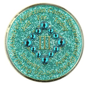 NA Glitter Turquoise Coin w Turquoise Crystals (Yrs 1-45) Recovery Narcotics Anonymous Milestone Chip - NA Tokens of Recovery -  NA Gifts