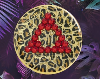 New! Alcoholics Anonymous AA Leopard w/ Red Crystals Tri-Plate Anniversary Recovery Medallion - 12 Step Gifts - Sober Birthday Anniversary