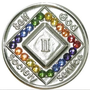 NA Nickel Bling Medallion w Rainbow Transition Crystals (Yrs 1-45) Recovery Narcotics Anonymous Milestone Chip Transition lgbt