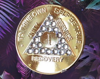 AA Medallion 24KT Gold Plated Coin White Crystals 1-50 Bling Alcoholics Anonymous Crystal Recovery Chip  12 Step Gift  Sober Anniversary