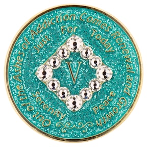 NA Aqua Glitter Bling Medallion w White Crystals (Yrs 1-45) Recovery Narcotics Anonymous Milestone Chip - NA Tokens of Recovery -  NA Gifts