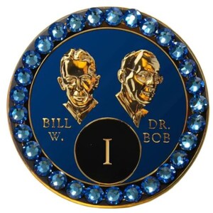 Bill & Bob AA Blue Triplate Sapphire Crystals Bling Medallion Chip Coin 1-65 years 12 Step Gift Sobriety Milestone Sober Gifts Tokens