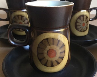 Pair of 1970's Denby Pottery ' Arabesque ' Coffee Cups and Pair of 1970's Denby Pottery ' Arabesque ' Coffee Cups and