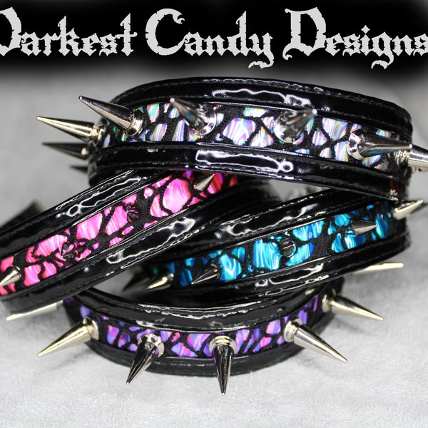 Crisis Holographic Vinyl & Fishnet Spiked Choker, choose color, Silver Pink Purple Blue Green Red Black, creepy cute cybergoth rave festival