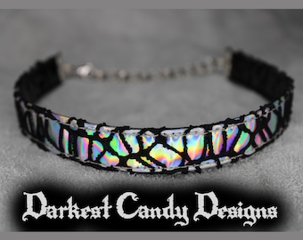 Necropolis Holographic Vinyl & Fishnet Choker, choose color, Silver Pink Purple Blue Green Red Black, creepy cute cybergoth club rave edgy