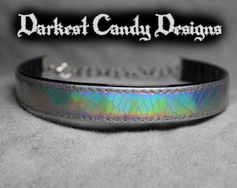 Venom Dragon Scale Holographic Vinyl Choker, Green Silver or Black, creepy cute cybergoth rave festival edgy fantasy reptile lizard snake
