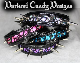 Crisis Holographic Vinyl & Fishnet Spiked Choker, choose color, Silver Pink Purple Blue Green Red Black, creepy cute cybergoth rave festival