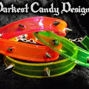 Psyche Vinyl Spiked Choker, choice of Pink Green Orange Yellow Blue Purple, UV Reactive, Clear, Creepy Cute Cyber Goth Clubwear, Alien Punk