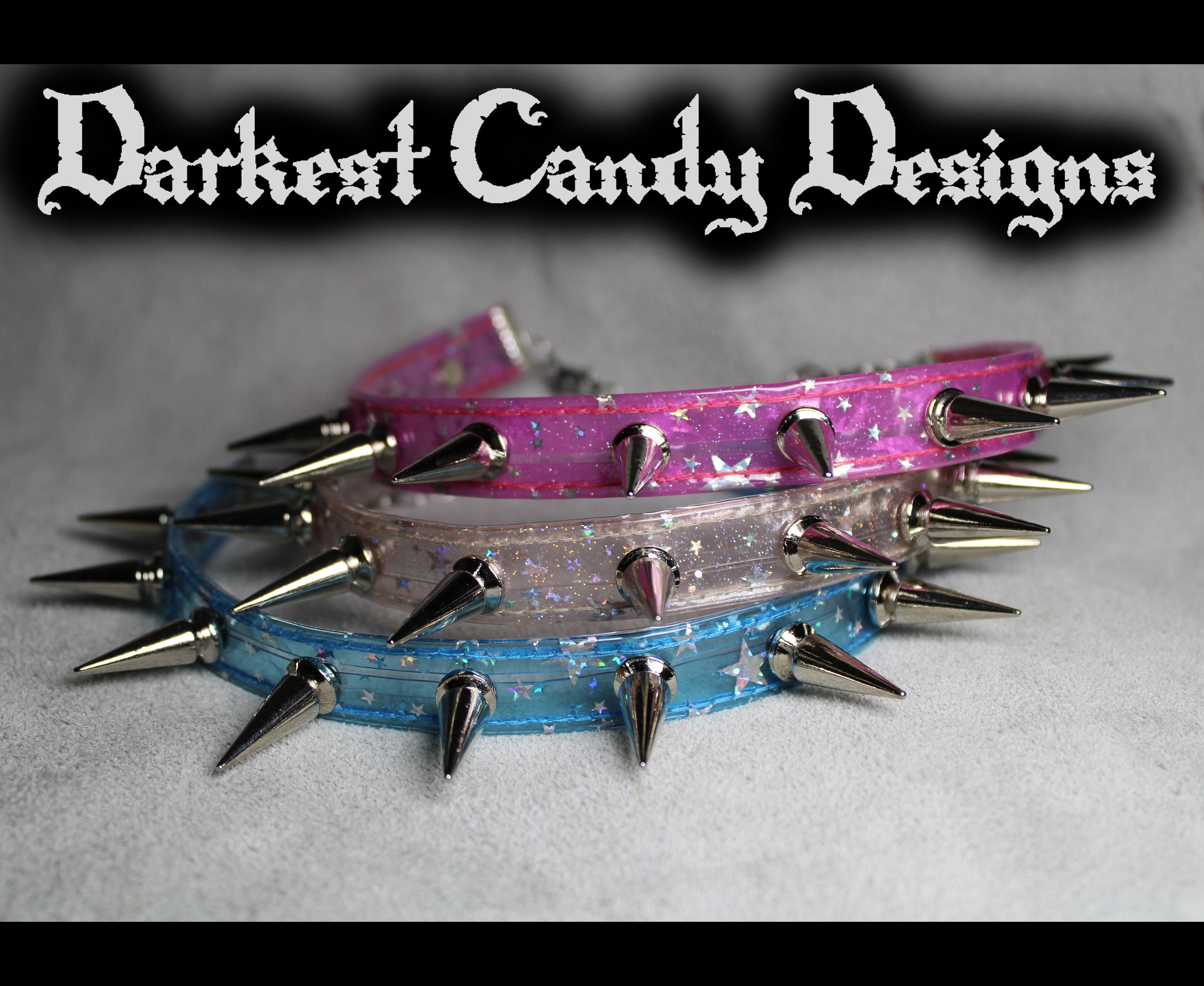 Andromeda Spiked Star Vinyl Choker, choice of Rainbow Red Pink Green Yellow Blue Black Grey, UV Creepy Cute Cyber Goth Raver Pride Clubwear