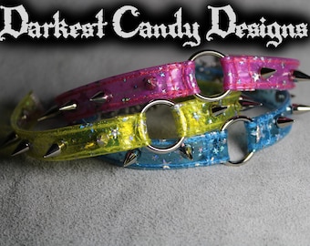 Stellar Spiked Star Vinyl O-ring Choker, choice of Rainbow Red Pink Green Yellow Blue Black Grey, UV Creepy Cute Cyber Goth Club Rave Pride