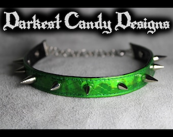 Hydra Dragon Scale Spiked Holographic Vinyl Choker, Green Silver or Black, creepy cute cybergoth festival edgy fantasy reptile lizard snake