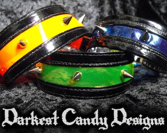Space Cadet Wide PVC & Vinyl Spiked Choker, choice of Pink Green Orange Yellow Blue Purple, UV Blacklight Creepy Cute Cybergoth Clubwear