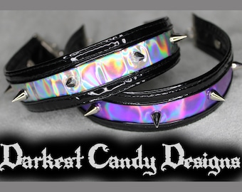 Space Babe Holographic Vinyl Spiked Choker, choose color, Silver Pink Purple Blue Green Red Black, creepy cute cybergoth club rave festival