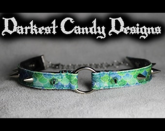 Nerissa Mermaid Scale Spiked Vinyl O-ring Choker, 3 Different Colors, Glitter Holographic creepy cute rave edgy fantasy aqua fish rainbow