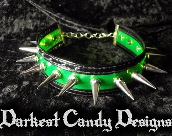 Space Punk Wide PVC & Vinyl Spiked Choker, choice of Pink Green Orange Yellow Blue Purple, UV Blacklight Creepy Cute Cybergoth Clubwear Rave