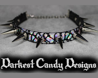 Apocalypse Holographic Vinyl & Fishnet Spiked Choker, choose color, Silver Pink Purple Blue Green Red Black, creepy cute cybergoth rave fest