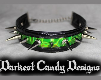 Nemesis Holographic Vinyl Spiked Choker, choose color, Silver Pink Purple Blue Green Red Black, creepy cute cybergoth club rave festival