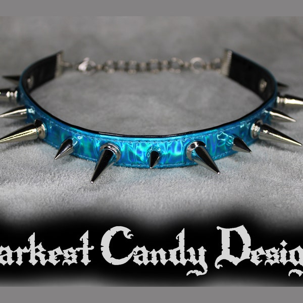 Malady Holographic Vinyl Spiked Choker, choose color, Silver Pink Purple Blue Green Red Black, creepy cute cybergoth club rave festival edgy