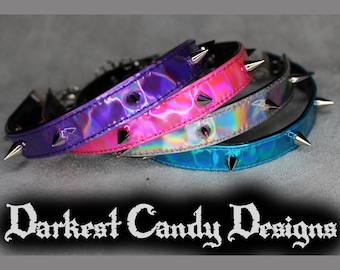Cityscape Holographic Vinyl Spiked Choker, choose color, Silver Pink Purple Blue Green Red Black, creepy cute cybergoth club rave festival