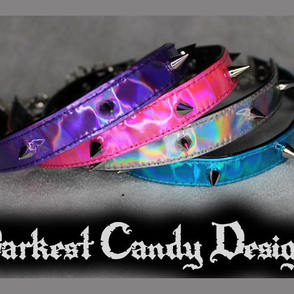 Cityscape Holographic Vinyl Spiked Choker, choose color, Silver Pink Purple Blue Green Red Black, creepy cute cybergoth club rave festival