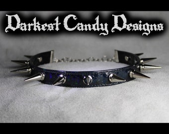 Drake Dragon Scale Spiked Holographic Vinyl Choker, Green Silver or Black, creepy cute cybergoth rave fest edgy fantasy reptile lizard snake